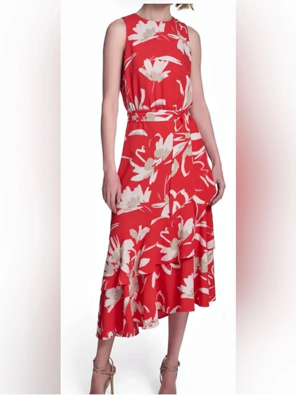 Halston Sleeveless Floral Print Belted
Midi Dress in Fire/Sand 6